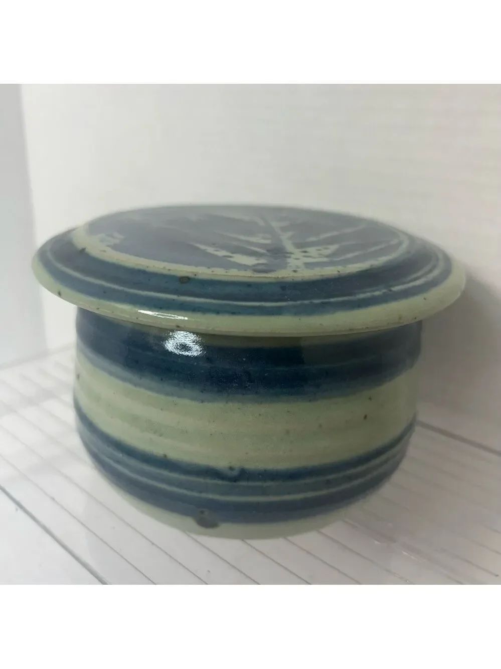 Studio Art Pottery Ceramic Large Butter Bell Floral Signed Bauer Blue Ribbed